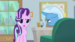 Size: 1280x720 | Tagged: safe, derpibooru import, screencap, starlight glimmer, trixie, pony, student counsel, couch, floppy ears, starlight's office