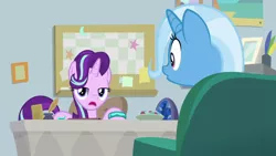 Size: 1920x1080 | Tagged: safe, derpibooru import, screencap, starlight glimmer, trixie, pony, student counsel, bracelet, couch, geode, inkwell, jewelry, quill, starlight's office