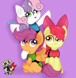 Size: 884x903 | Tagged: safe, artist:joceblue, derpibooru import, apple bloom, scootaloo, sweetie belle, earth pony, pegasus, pony, unicorn, apple bloom's bow, blossom (powerpuff girls), bow, bubbles (powerpuff girls), buttercup (powerpuff girls), clothes, cosplay, costume, cutie mark crusaders, female, filly, hair bow, purple background, simple background, the powerpuff girls, trio, trio female