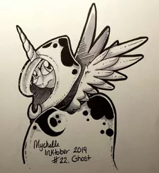 Size: 552x600 | Tagged: safe, artist:mychelle, derpibooru import, princess luna, spirit of hearth's warming yet to come, alicorn, pony, cloak, clothes, female, inktober, inktober 2019, mare, monochrome, solo, traditional art