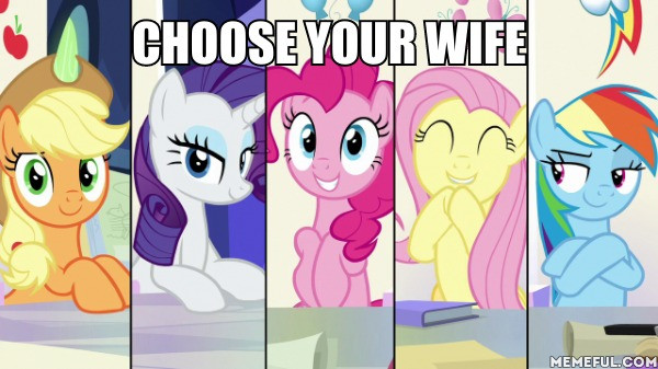 Size: 600x337 | Tagged: safe, derpibooru import, edit, edited screencap, screencap, applejack, fluttershy, pinkie pie, rainbow dash, rarity, earth pony, pegasus, pony, unicorn, sparkle's seven, caption, choose your wife, eyes closed, female, friendship throne, image macro, mare, text