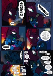 Size: 2481x3508 | Tagged: safe, artist:dsana, derpibooru import, fizzlepop berrytwist, tempest shadow, oc, oc:lullaby dusk, pegasus, pony, unicorn, comic:a storm's lullaby, bandage, broken horn, comic, cute, dsana is trying to murder us, heterochromia, horn, lullabetes, mama tempest, playing, scar, weapons-grade cute