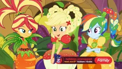 Size: 1280x720 | Tagged: safe, derpibooru import, screencap, applejack, rainbow dash, sunset shimmer, equestria girls, equestria girls series, holidays unwrapped, spoiler:eqg series (season 2), channel, clothes, cornucopia costumes, discovery family, discovery family logo, dress, fruit, hairstyle, o come all ye squashful