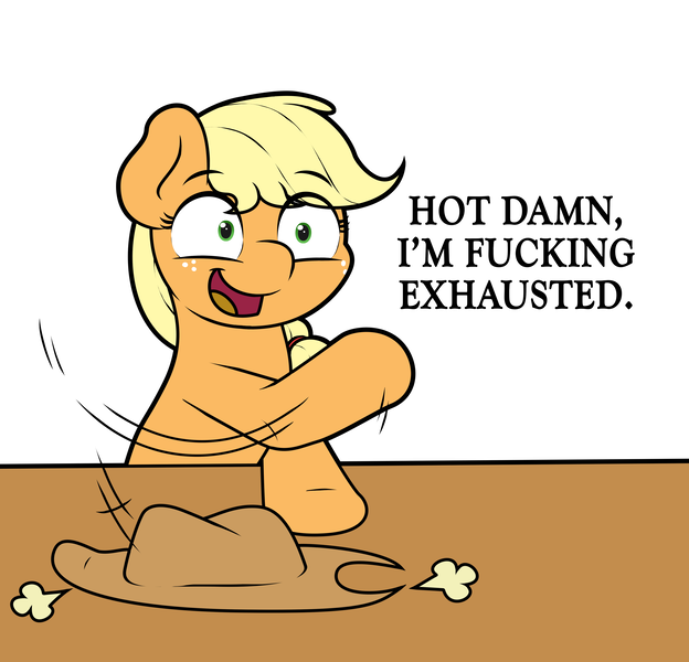 Size: 4434x4264 | Tagged: safe, artist:ljdamz1119, derpibooru import, applejack, earth pony, pony, applejack's hat, caption, cowboy hat, hat, mood, simple background, solo, stetson, vulgar, white background