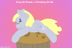 Size: 972x648 | Tagged: safe, artist:lurks-no-more, derpibooru import, derpy hooves, pegasus, pony, food, happy birthday mlp:fim, mlp fim's ninth anniversary, muffin, sleeping, solo