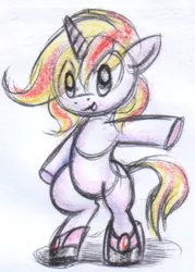 Size: 520x726 | Tagged: safe, artist:retl, derpibooru import, oc, oc:serenity (fallout equestria: heroes), unofficial characters only, pony, unicorn, bipedal, boots, clothes, female, filly, shoes, solo, traditional art