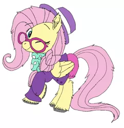 Size: 992x1024 | Tagged: safe, artist:danksailor, derpibooru import, fluttershy, pony, fake it 'til you make it, alternate hairstyle, cute, fluffy, hipstershy, one eye closed, outfit, solo, wink