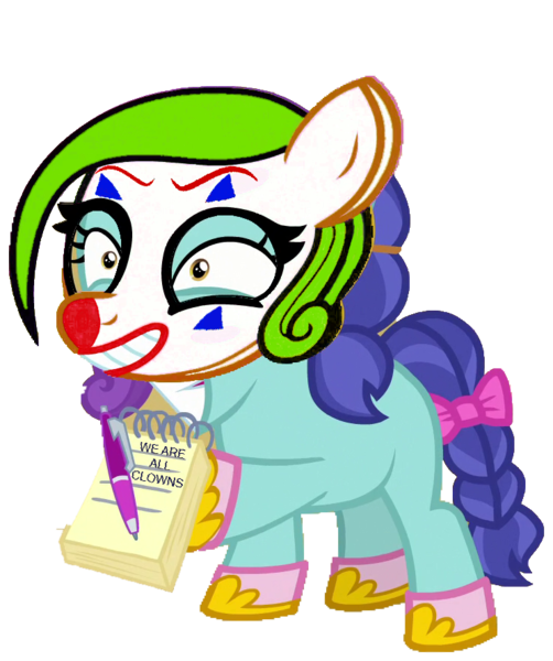 Size: 744x890 | Tagged: safe, derpibooru import, edit, scribble pad, pony, cadance mask, clown, hoof hold, hoof shoes, joker (2019), mask, notepad, pen, simple background, the joker, transparent background