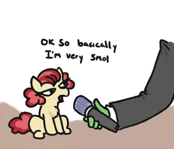 Size: 532x456 | Tagged: safe, artist:jargon scott, derpibooru import, oc, oc:anon, oc:fuzzy muff, unofficial characters only, pony, basically i'm very smol, chest fluff, cute, dialogue, disembodied hand, duo, female, hand, male, mare, meme, microphone, ocbetes, ponified meme, smol, tiny