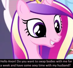 Size: 762x711 | Tagged: body swap, bronybait, cropped, derpibooru import, edit, edited screencap, equestria games (episode), happy, human to pony, implied anon, implied shining armor, manip, meta, pony to human, princess cadance, screencap, solo, suggestive, transformation, transgender transformation