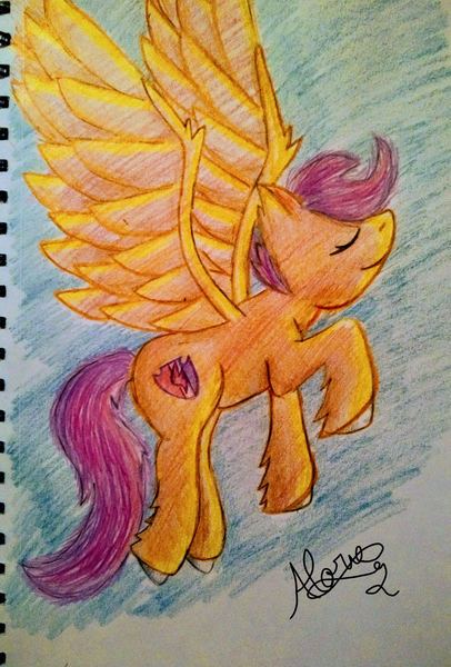 Size: 1080x1596 | Tagged: safe, artist:alorie_lumia, derpibooru import, scootaloo, pegasus, pony, eyes closed, female, flying, happy, happy birthday mlp:fim, mare, mlp fim's ninth anniversary, older, older scootaloo, raised hoof, scootaloo can fly, smiling