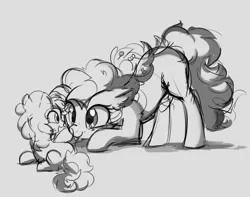 Size: 1057x832 | Tagged: safe, artist:aureai-sketches, derpibooru import, li'l cheese, pinkie pie, earth pony, pony, the last problem, alternate hairstyle, colt, female, happy, male, mare, mlp fim's ninth anniversary, monochrome, open mouth, scrunchy face, simple background, sketch, smiling, tongue out, white background, wip
