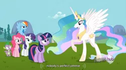 Size: 852x478 | Tagged: alzheimer's, caption, derpibooru import, edit, edited screencap, hub logo, keep calm and flutter on, meme, pinkie pie, princess celestia, rainbow dash, rarity, safe, screencap, spike, twilight alias, twilight sparkle, youtube caption