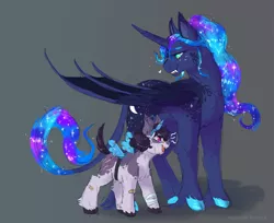 Size: 4035x3298 | Tagged: safe, artist:cosmichorse, derpibooru import, princess luna, oc, oc:lilith(cosmichorse), alicorn, earth pony, pony, adopted offspring, alicorn costume, clothes, costume, cute, ethereal mane, fangs, female, filly, foal, freckles, galaxy mane, high res, leonine tail, mare, nightmare night, nightmare night costume, offspring, parent:princess luna, sharp teeth, smiling, star freckles, stars, teeth, unshorn fetlocks