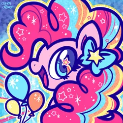 Size: 500x500 | Tagged: safe, artist:crayon-chewer, derpibooru import, part of a set, pinkie pie, pony, twilight's kingdom, balloon, bow, bust, cute, diapinkes, groovy, hair bow, icon, open mouth, portrait, rainbow power, solo, starry eyes, wingding eyes