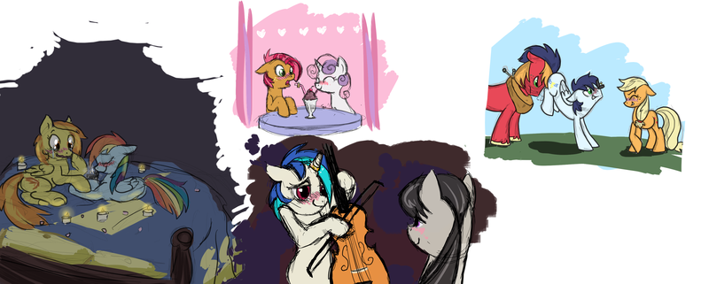 Size: 3736x1500 | Tagged: safe, artist:cat4lyst, derpibooru import, applejack, babs seed, big macintosh, octavia melody, rainbow dash, soarin', spitfire, sweetie belle, vinyl scratch, babsbelle, female, heartwarming, lesbian, male, marriage, marriage proposal, older, pregnant, scratchtavia, shipping, soarinjack, spitdash, straight