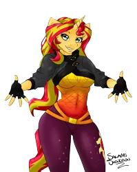 Size: 3508x4401 | Tagged: safe, artist:salamishowdown, derpibooru import, sunset shimmer, anthro, equestria girls, equestria girls series, sunset's backstage pass!, spoiler:eqg series (season 2), belly button, clothes, female, fingerless gloves, gloves, looking at you, outstretched arms, solo, tight clothing