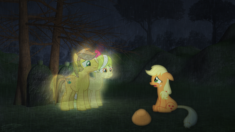 Size: 1920x1080 | Tagged: applejack, applejack's parents, artist:jamey4, crying, derpibooru import, feels, ghost, ghost pony, grave, sad, safe, spirit, undead