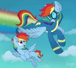 Size: 1109x1000 | Tagged: safe, artist:itazurana, derpibooru import, rainbow dash, pegasus, pony, canon, clothes, cloud, female, filly, filly rainbow dash, flying, goggles, mlp fim's ninth anniversary, multicolored hair, rainbow hair, rainbow tail, rainbow trail, sky, smiling, uniform, wings, wonderbolts uniform, younger