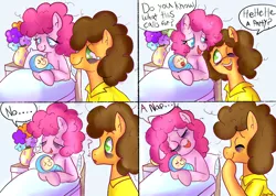 Size: 908x647 | Tagged: safe, artist:therainbowtroll, derpibooru import, cheese sandwich, li'l cheese, pinkie pie, earth pony, pony, the last problem, baby, baby pony, bags under eyes, bed, cheesepie, clothes, comic, cute, dialogue, female, foal, giggling, hospital, hospital bed, infant, male, mare, nap, newborn, shipping, speech bubble, stallion, straight, tired