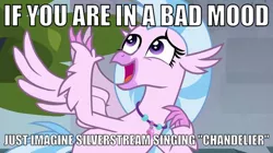 Size: 700x393 | Tagged: bronybait, caption, chandelier (song), derpibooru import, edit, edited screencap, female, hippogriff, image macro, jewelry, meme, necklace, open mouth, safe, school daze, screencap, silverstream, solo, spread wings, text, wings