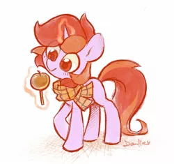 Size: 1600x1505 | Tagged: safe, artist:dawnfire, derpibooru import, oc, oc:dawnfire, unofficial characters only, pony, unicorn, caramel apple (food), clothes, scarf, solo