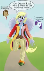 Size: 2340x3738 | Tagged: safe, artist:sixes&sevens, derpibooru import, doctor whooves, rarity, time turner, anthro, earth pony, pegasus, unicorn, clothes, coat, cute, doctor who, female, image, internal screaming, male, necktie, png, running, sixth doctor