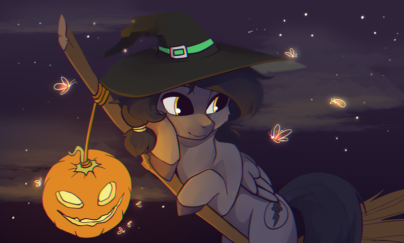 Size: 1997x1200 | Tagged: safe, artist:niehuaisang, derpibooru import, oc, oc:mir, unofficial characters only, firefly (insect), insect, pegasus, pony, broom, female, flying, flying broomstick, halloween, hat, holiday, jack-o-lantern, mare, night, pumpkin, smiling, solo, spooky, spoopy, stars, witch, witch hat, witch's broom