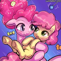Size: 750x750 | Tagged: safe, artist:lumineko, derpibooru import, li'l cheese, pinkie pie, earth pony, pony, the last problem, candy, cute, diapinkes, duo, female, filly, foal, food, li'l cuteese, lollipop, looking at each other, mare, mother and child, mother and daughter, older, older pinkie pie, rule 63
