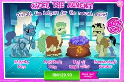 Size: 1035x687 | Tagged: safe, derpibooru import, idw, official, frankenstag's monster, earth pony, pony, unicorn, advertisement, costs real money, frankenstein's monster, gameloft, idw showified, knight, prehistoric, sale