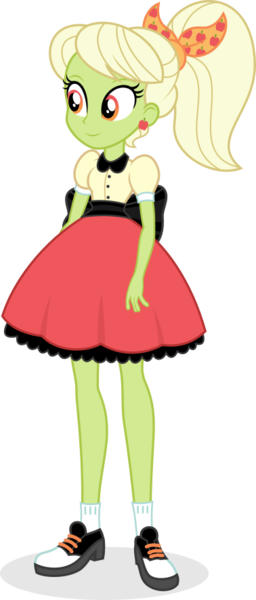 Size: 378x886 | Tagged: safe, artist:punzil504, derpibooru import, granny smith, equestria girls, clothes, digital art, female, granny smith's scarf, ponytail, poodle skirt, saddle shoes, shoes, simple background, smiling, socks, solo, transparent background, young granny smith, younger