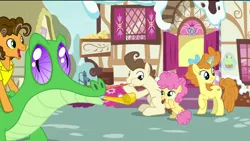 Size: 1920x1080 | Tagged: safe, derpibooru import, screencap, cheese sandwich, gummy, li'l cheese, pound cake, pumpkin cake, alligator, earth pony, pegasus, pony, unicorn, the last problem, bow, cake twins, colt, cupcake, female, foal, food, hair bow, happy, horseshoes, levitation, magic, magic aura, magic glow, male, mare, older, older cheese sandwich, older gummy, older pound cake, older pumpkin cake, party horn, siblings, smiling, sugarcube corner, telekinesis, twins