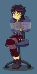 Size: 800x1600 | Tagged: suggestive, artist:nivek15, derpibooru import, sunset shimmer, costume conundrum, equestria girls, equestria girls series, spoiler:eqg series (season 2), arm behind back, belt, blue background, blushing, bondage, boots, chair, clothes, eyeshadow, fangs, female, femsub, gag, gloves, hands behind back, jacket, jeans, leather jacket, makeup, pants, shirt, shoes, simple background, solo, solo female, submissive, sunset shimmer is not amused, tape, tape bondage, tape gag, tied to chair, torn clothes, unamused, vampire shimmer, wig