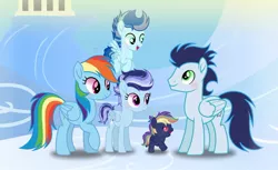 Size: 1144x699 | Tagged: safe, artist:purplepotato04, derpibooru import, rainbow dash, soarin', oc, oc:gusty rainbow, oc:sheet lightning, oc:shockwave, pegasus, pony, baby, baby pony, base used, colt, family, female, filly, male, offspring, parent:rainbow dash, parent:soarin', parents:soarindash, shipping, soarindash, straight