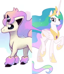 Size: 3289x3825 | Tagged: safe, artist:parclytaxel, derpibooru import, princess celestia, alicorn, galarian ponyta, pony, ponyta, unicorn, comparison, pokémon, pokémon sword and shield