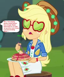 Size: 556x674 | Tagged: safe, derpibooru import, edit, edited screencap, editor:thomasfan45, screencap, applejack, equestria girls, equestria girls series, wake up!, spoiler:choose your own ending (season 2), spoiler:eqg series (season 2), 1000 hours in ms paint, applejack's festival hat, applejack's sunglasses, breakfast, clothes, cropped, cute, dress, drugged, drugged food, eyes closed, food, fork, implied sunset shimmer, music festival outfit, offscreen character, open mouth, pancakes, payback, plate, sexy, sitting, sleeping, solo, speech bubble, story included, sunglasses, wake up!: applejack