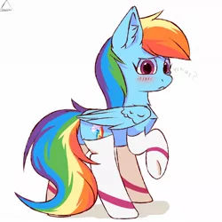 Size: 1200x1200 | Tagged: safe, artist:glazirka, derpibooru import, rainbow dash, pegasus, pony, :<, blushing, chest fluff, clothes, ear fluff, female, looking at you, looking back, looking back at you, mare, question, raised hoof, simple background, socks, solo, white background