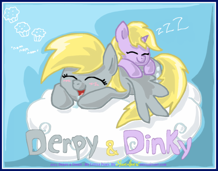 Size: 1000x784 | Tagged: safe, artist:ravenevert, derpibooru import, derpy hooves, dinky hooves, pegasus, pony, cloud, equestria's best mother, female, mare, offspring, onomatopoeia, sleeping, sound effects, zzz