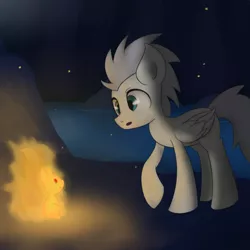 Size: 800x800 | Tagged: safe, artist:muffinsforever, derpibooru import, great scott (character), pegasus, pony, squirrel, animal, blank flank, fire, male, night, stallion