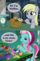 Size: 768x1152 | Tagged: safe, derpibooru import, edit, edited screencap, screencap, derpy hooves, minty, pony, a very minty christmas, slice of life (episode), basket, christmas, clothes, cute, derpabetes, food, g3, hat, holiday, mintabetes, muffin, post office, santa hat, scale, socks, speech, speech bubble, talking, that one nameless background pony we all know and love, that pony sure does love muffins, that pony sure does love socks