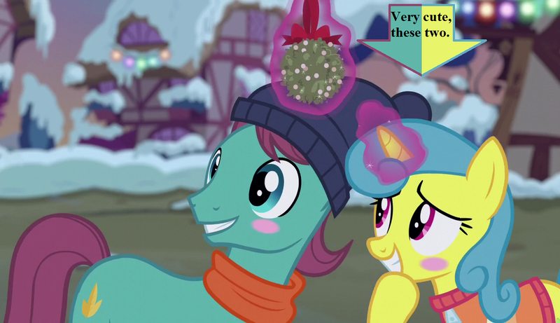 Size: 1280x738 | Tagged: a hearth's warming tail, arrow, autumn leaf, awwtumn leaf, blushing, captain obvious, clothes, cute, derpibooru import, edit, edited screencap, female, hat, hearth's warming decorations, lemonbetes, lemon hearts, lemonleaf, male, mistletoe, safe, scarf, screencap, shipping, snow, straight, sweater, text