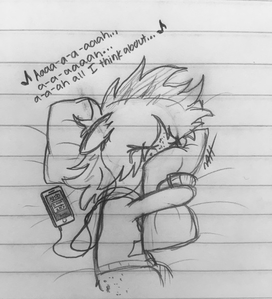 Size: 1861x2046 | Tagged: safe, artist:modocrisma, derpibooru import, oc, oc:sobakasu, unofficial characters only, earth pony, pony, apple (company), bed, clothes, crying, depression, doodle, fluffy, freckles, headphones, hoodie, hug, iphone, laying on bed, lined paper, lying down, lyrics, monochrome, music, music notes, on bed, pencil drawing, phone, photo, pillow, pillow hug, sad, sketch, solo, tears of pain, text, traditional art, vent art