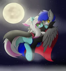 Size: 2300x2500 | Tagged: safe, artist:llhopell, derpibooru import, oc, oc:hope(llhopell), oc:soffy, earth pony, pegasus, pony, vampire, eye clipping through hair, flying, full moon, halloween, holiday, moon, romantic, shipping, underhoof