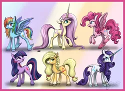 Size: 3420x2510 | Tagged: safe, artist:autumn-dreamscape, derpibooru import, applejack, earth pony, pegasus, pony, unicorn, leak, spoiler:g5, applejack (g5), female, fluttershy (g5), g5, mane six (g5), mare, pinkie pie (g5), rainbow dash (g5), rarity (g5), twilight sparkle (g5)