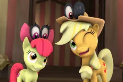 Size: 1616x1077 | Tagged: 3d, apple bloom, apple bloom's bow, applejack, applejack's hat, artist:pika-robo, bow, cappy (mario), cowboy hat, crossover, derpibooru import, hair bow, hat, looking at each other, one eye closed, safe, siblings, smiling, source filmmaker, super mario bros., super mario odyssey, tiara (mario), wink