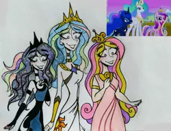 Size: 2645x2036 | Tagged: artist:citi, clothes, derpibooru import, dress, human, humanized, impossibly long neck, jewelry, princess cadance, princess celestia, princess luna, regalia, safe, scene interpretation, screencap, screencap reference, traditional art, twilight's kingdom