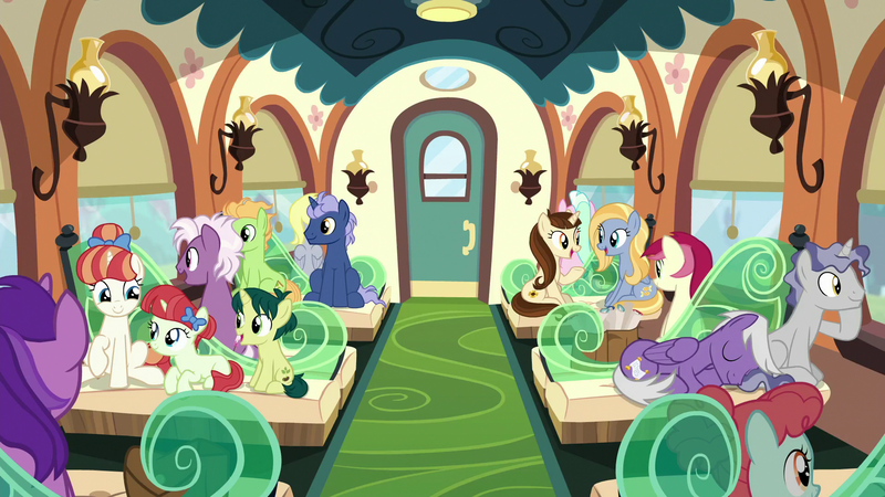 Size: 1920x1080 | Tagged: safe, derpibooru import, screencap, amethyst star, ballet jubilee, dawnlighter, derpy hooves, goldy wings, green sprout, loganberry, midnight snack (character), peppe ronnie, rainberry, rainbow stars, roseluck, silver script, star bright, tender brush, winter lotus, earth pony, pegasus, pony, unicorn, the last problem, colt, female, filly, friendship express, friendship student, male, mare, siblings, sisters, sitting, stallion, train