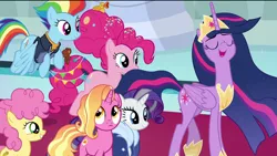 Size: 1920x1080 | Tagged: safe, derpibooru import, edit, edited screencap, screencap, li'l cheese, luster dawn, pinkie pie, princess twilight 2.0, rainbow dash, rarity, twilight sparkle, twilight sparkle (alicorn), alicorn, earth pony, pegasus, pony, unicorn, the last problem, cape, carpet, clothes, confused, crown, curious, eyes closed, female, flying, foal, happy, jacket, jewelry, mama pinkie, mare, older, older pinkie pie, older rainbow dash, older rarity, older twilight, regalia, removed eyebag edit, rubber duck, smiling, teddy bear, throne room