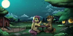 Size: 3117x1557 | Tagged: safe, artist:pridark, derpibooru import, fluttershy, oc, earth pony, pegasus, pony, candle, chicken coop, commission, cookie, cutie mark, fire, fluttershy's cottage, food, full moon, moon, night, open mouth, plate, scenery, sitting, stars, tree, underhoof