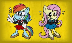 Size: 1600x960 | Tagged: safe, artist:thewallop-cat12, derpibooru import, fluttershy, rainbow dash, anthro, pegasus, pony, bowtie, clothes, crossover, cuphead, cuphead (character), cute, gloves, high heels, long sleeve shirt, long sleeves, mugman, shirt, shoes, skirt, studio mdhr, wings